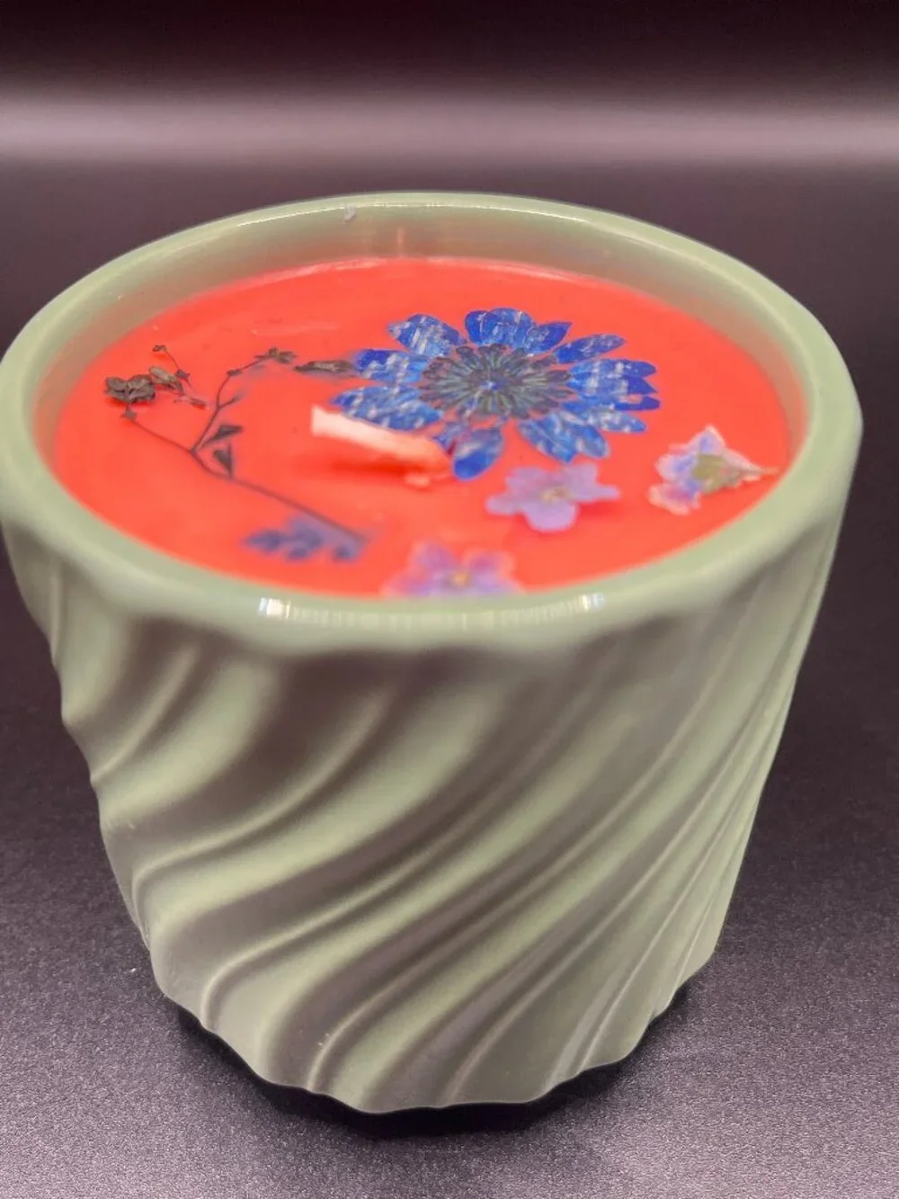 Coral Floral Soy Candle in Sage Green Swirl Ceramic Vessel